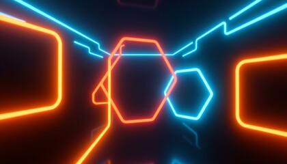 Fototapeta premium The image features a futuristic tunnel illuminated by vibrant neon lights in shades of orange, blue, and red