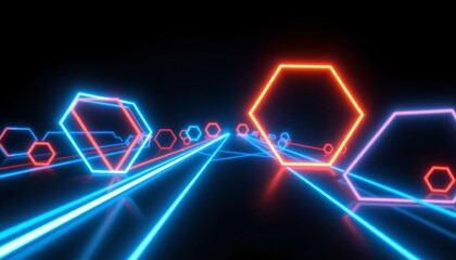 Fototapeta premium The image depicts a futuristic, neon lit scene with glowing lines and hexagonal shapes floating in a dark environment