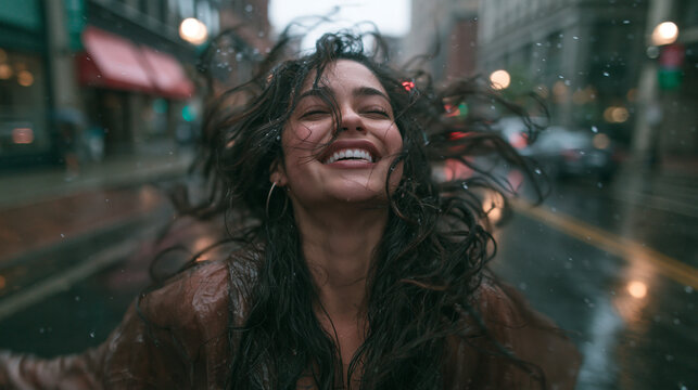Joyful Woman Laughing in the Rain on City Street