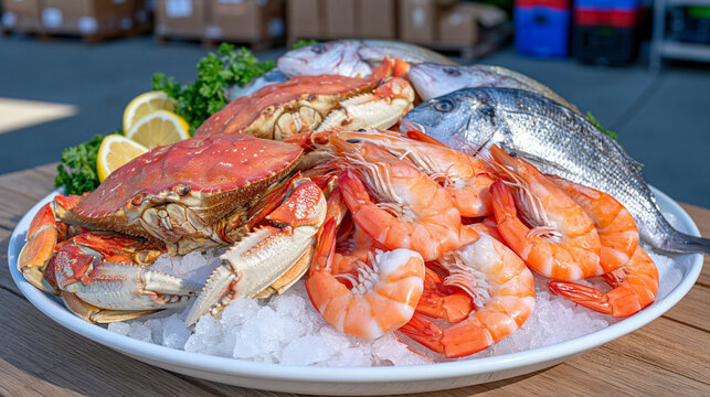 Mixed seafood including crab, shrimp and whole fish arranged on glistening crushed ice, busy seafood auction warehouse in the background with pallets and shipping crates, fresh catch supply chain co