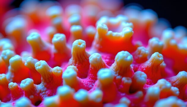 The image shows a close up view of a vibrant, colorful coral with numerous protruding polyp structures