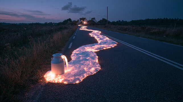 Glowing Liquid Flowing from Can on Road to Distant House