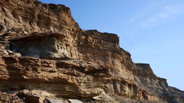 Rugged layered rock formations rise against a clear blue sky in a sunlit desert landscape