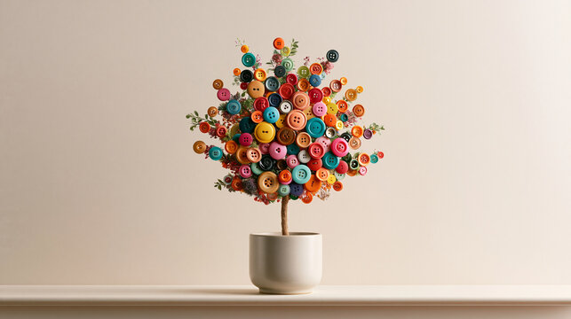 Creative Tree Made of Colorful Buttons in White Pot