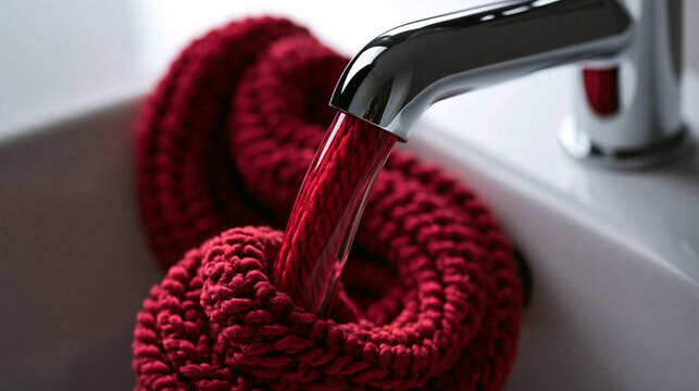 Red Knitted Yarn Flowing from Bathroom Tap Concept