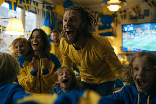 Swedish Football Fans Cheering at Home Watching Match