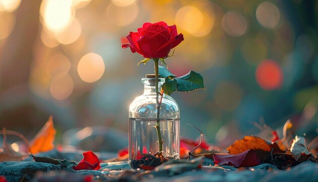 A red rose growing from a crystal bottle, romantic nature concept