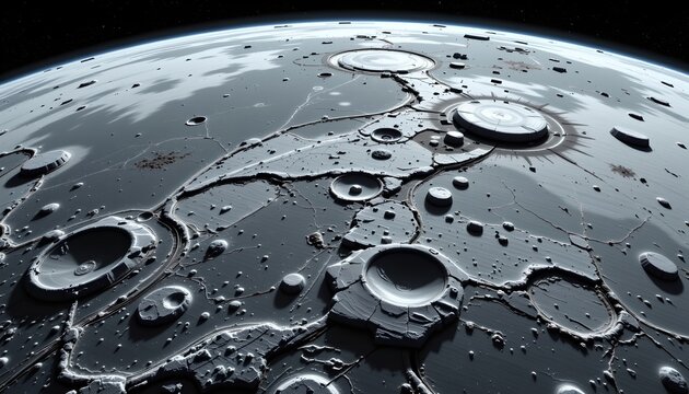 The image depicts a surreal, alien landscape featuring a vast, gray surface scattered with numerous circular craters of varying sizes