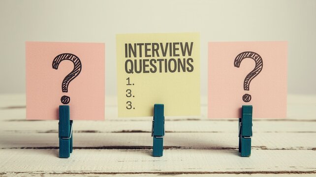 Interview questions written on yellow sticky notes attached to wooden clothespins with question marks on surrounding pink paper notes today