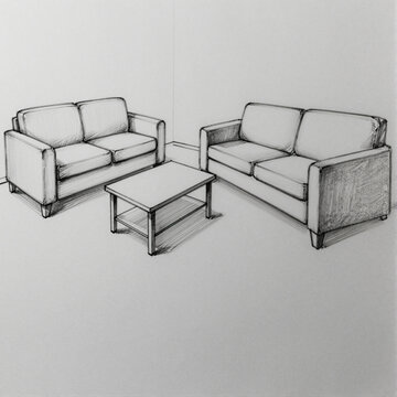 Sketch of a Modern Living Room with Two Sofas and a Coffee Table