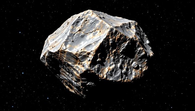 The image features a large, irregularly shaped asteroid floating in the vast emptiness of space