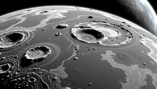 The image depicts a celestial scene featuring a heavily cratered, moon like surface in the foreground, with numerous impact craters of varying sizes scattered across its terrain