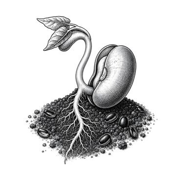 Germinating seed with roots and sprout vintage illustration