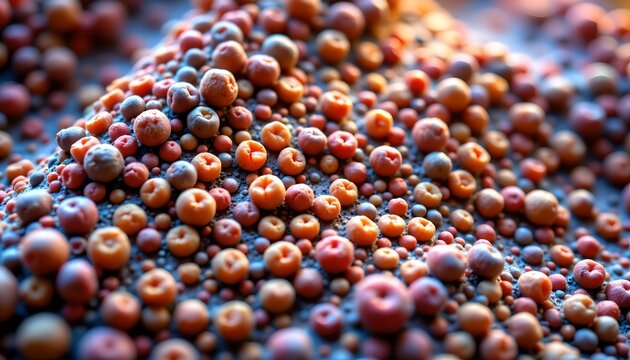 The image depicts a large collection of small, rounded objects with varying shades of orange, red, and purple