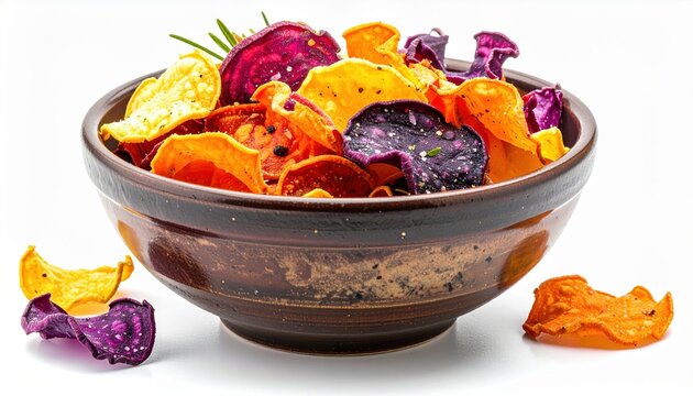 Bowl of colorful healthy vegetable chips isolated on white background