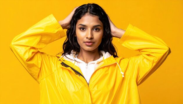Woman wearing futuristic raincoat under rain, yellow background, fashion editorial concept,