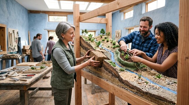 Adult learners assemble a watershed ecosystem wall