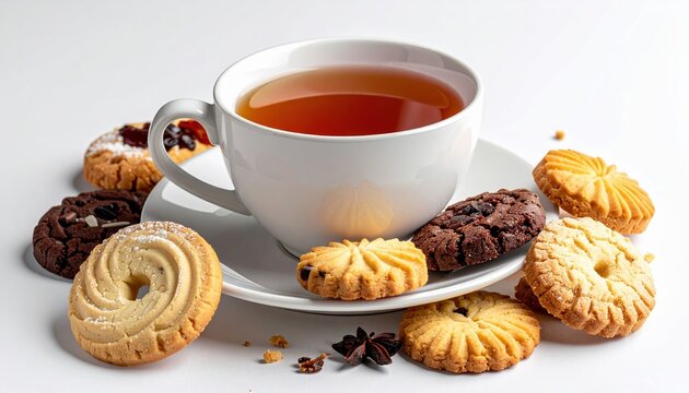 Cup of hot tea with assorted butter cookies arranged on white background, cozy afternoon tea concept
