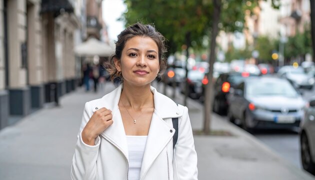 Woman wearing white jacket standing on city sidewalk, urban fashion style