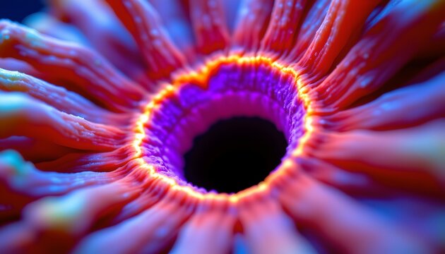 The image showcases a vibrant, close up view of a circular, tunnel like structure with radiating, ribbon like elements extending outward