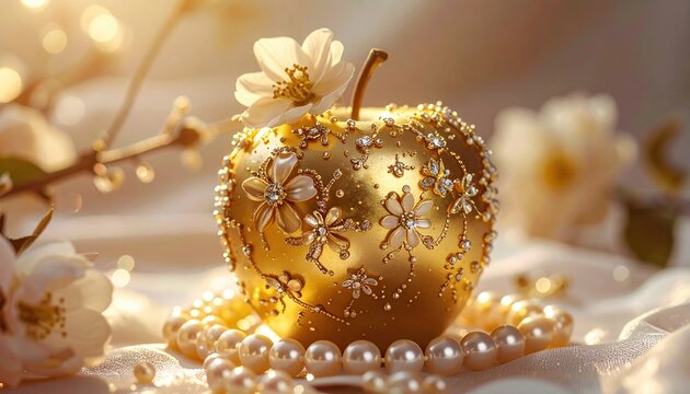 A golden apple covered with flowers and pearls, fantasy luxury still life