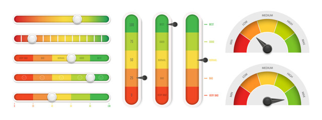 Fototapeta na wymiar Colorful gauge, slider and rating scale set for performance, quality, satisfaction, progress, risk, analytics, dashboard design
