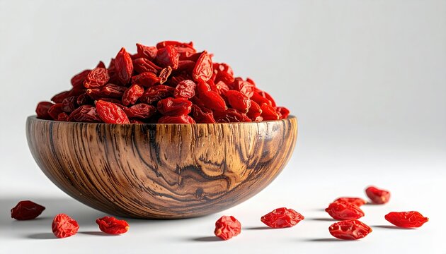 Rustic wooden bowl filled with dried goji berries on white background, soft daylight, realistic food styling, commercial stock photo