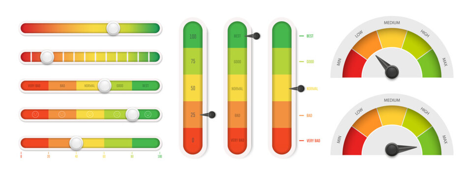 Colorful gauge, slider and rating scale set for performance, quality, satisfaction, progress, risk, analytics, dashboard design