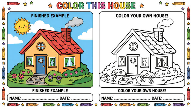 Kids coloring worksheet with house illustration and finished example for creative activity