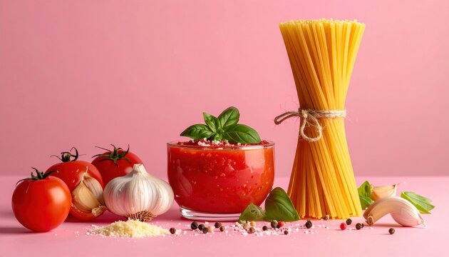 Italian pasta ingredients on pastel pink background, tomato sauce recipe concept
