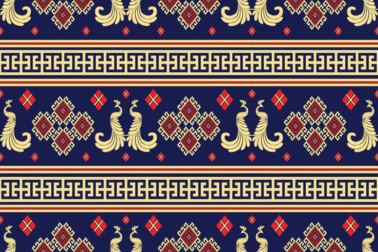 Seamless navy textile pattern showcasing golden twin peacocks and red geometric diamonds, framed by ornate ethnic borders.