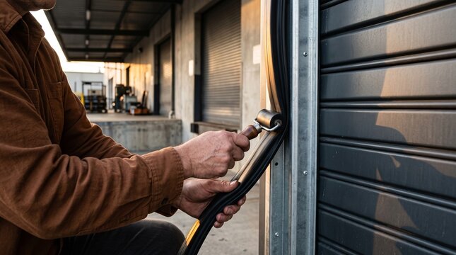 Hands install a jamb seal on an industrial door