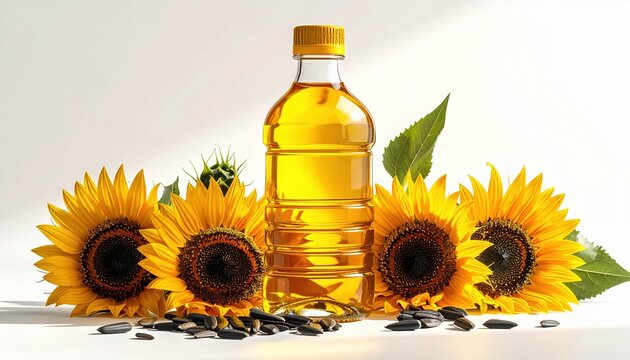 Bottle of pure sunflower oil isolated on white background, realistic packaging-free product shot