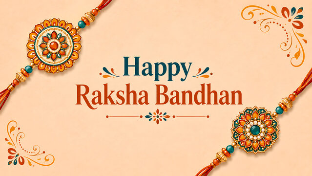 Two beautifully decorated rakhi threads on plain beige background with traditional corner elements celebrating the beautiful festival of happy raksha bandhan perfectly