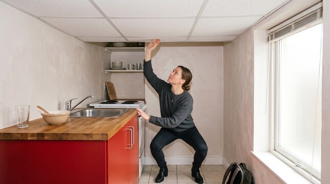 Renter evaluates headroom in a compact apartment kitchen