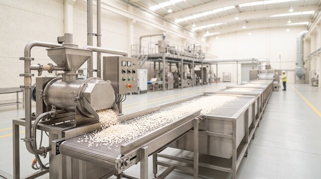 Continuous rice puffing line in a bright food factory