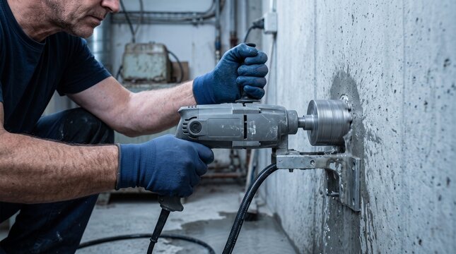 Operator controls a concrete core drill in interior retrofit