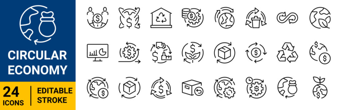 Set of 24 outline icons related to Circular Economy. Editable stroke. Vector illustration