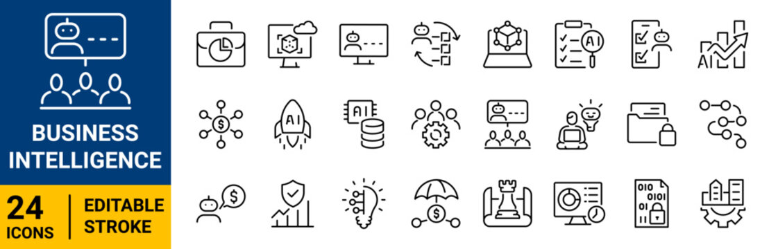 Set of 24 outline icons related to Business intelligence. Editable stroke. Vector illustration