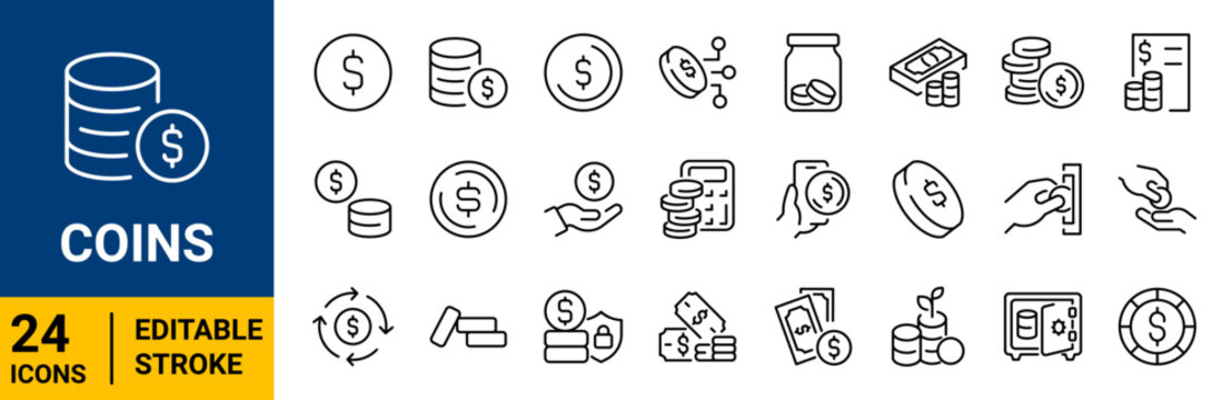 Set of 24 outline icons related to Coin. Money savings and finance. Editable stroke. Vector illustration