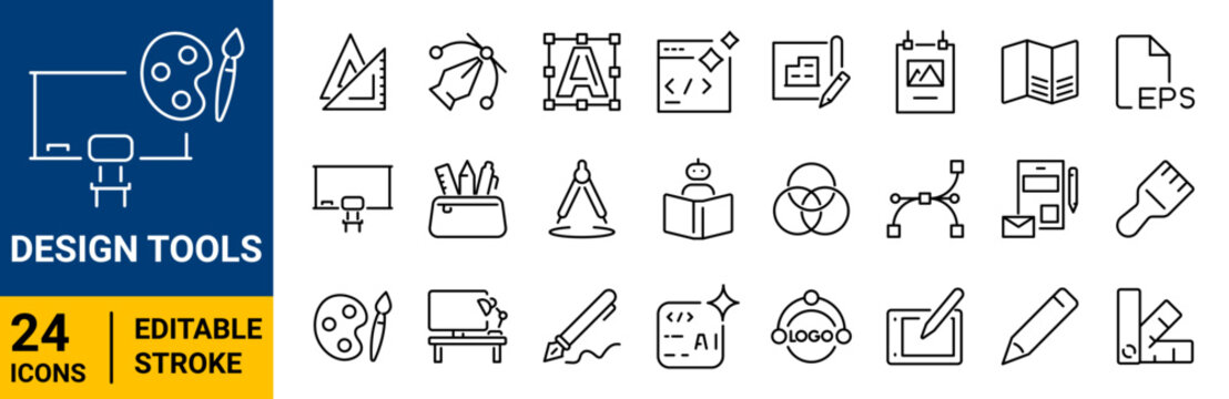 Design tools icon set. Collection of graphic design software, ui ux wireframe, digital art studio and creative process line icon vector illustration editable stroke.