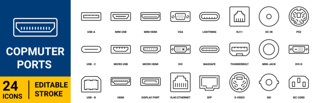 Computer ports outline icon set. Collection of 40 editable stroke vector icons featuring USB, HDMI, DisplayPort, Ethernet, Thunderbolt, SATA, PCI Express, SD card slots, audio jacks, power connectors 