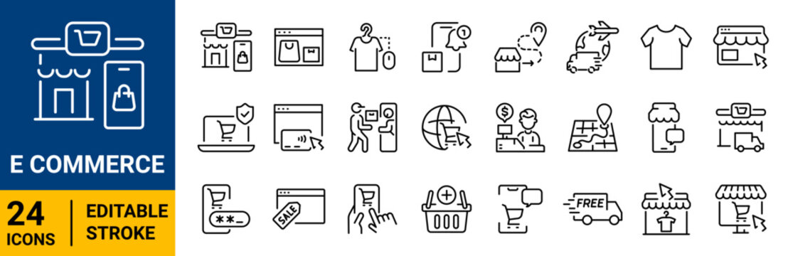 ecommerce vector icons set. Shopping outline icons. Shop, Online Shopping Linear icon collection. Editable stroke. Vector illustration
