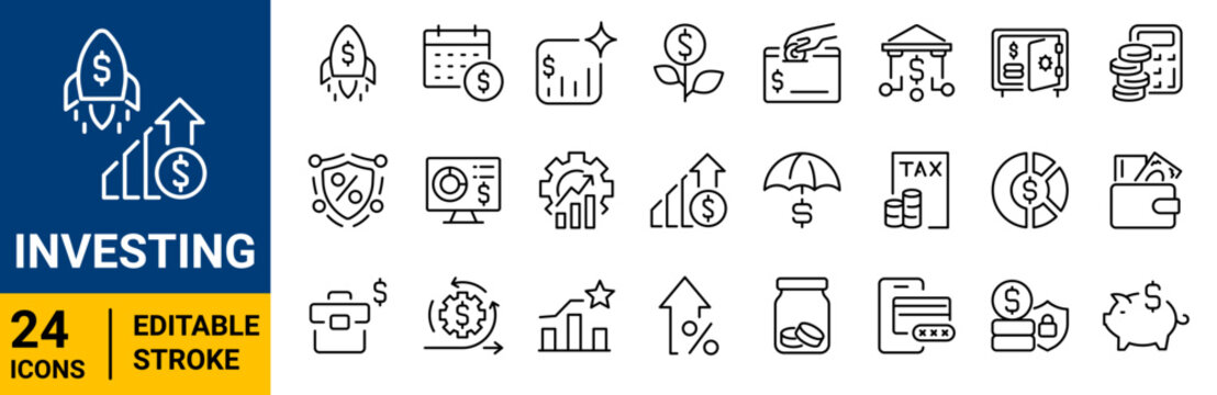 Set of 24 outline icons related to Investing. Money savings and finance. Editable stroke. Vector illustration