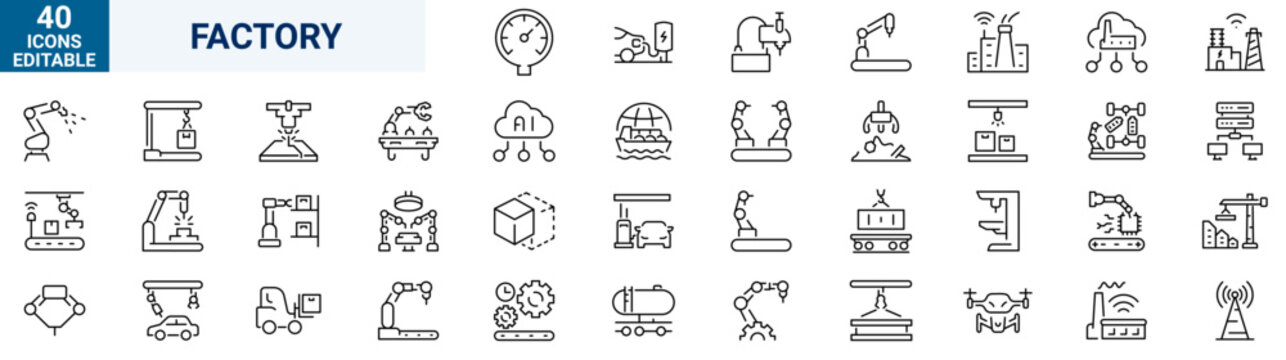 Factory line icons set. Collection of 40 editable stroke outline symbols related to industrial manufacturing, production line, warehouse, machinery, logistics, engineering, factory equipment, industri