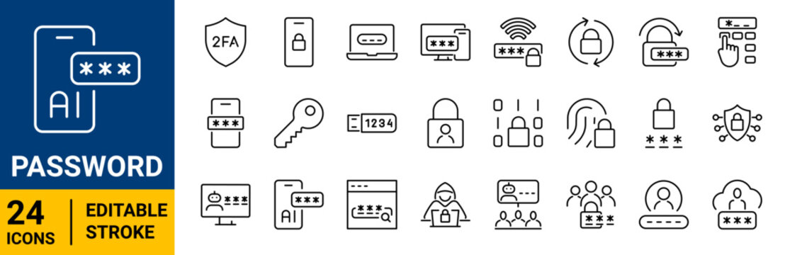 Set of 24 outline icons related to Password Editable stroke. Vector illustration
