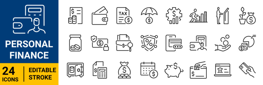 Set of 24 outline icons related to Personal finance. Editable stroke. Vector illustration