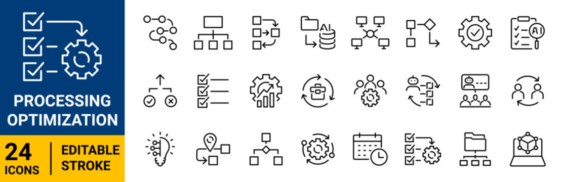 Processing optimization workflow icon set. Collection of business automation, system efficiency, continuous improvement and data analysis line icon vector illustration. Editable stroke.