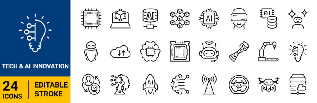 Tech and AI Innovation Icon Set with Editable Stroke. Collection of Future technology, artificial intelligence, machine learning, IoT, robotics, robot, VR, drone, cloud computing, and startup symbols.