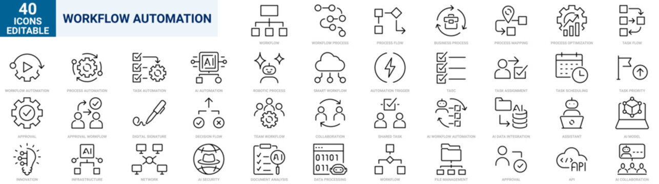 Workflow Automation Line Icons set. Featuring business process automation, workflow management, task automation, approvals, digital transformation, robotic process. Editable stroke. Vector illustratio